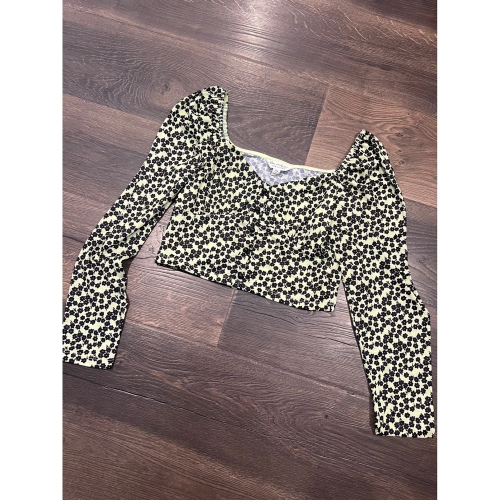 Miss Selfridge floral print cropped peasant blouse puff sleeve lime green size 8